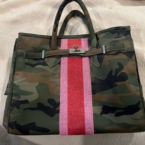 Camouflage Satchel with pink and red beaded Stripe